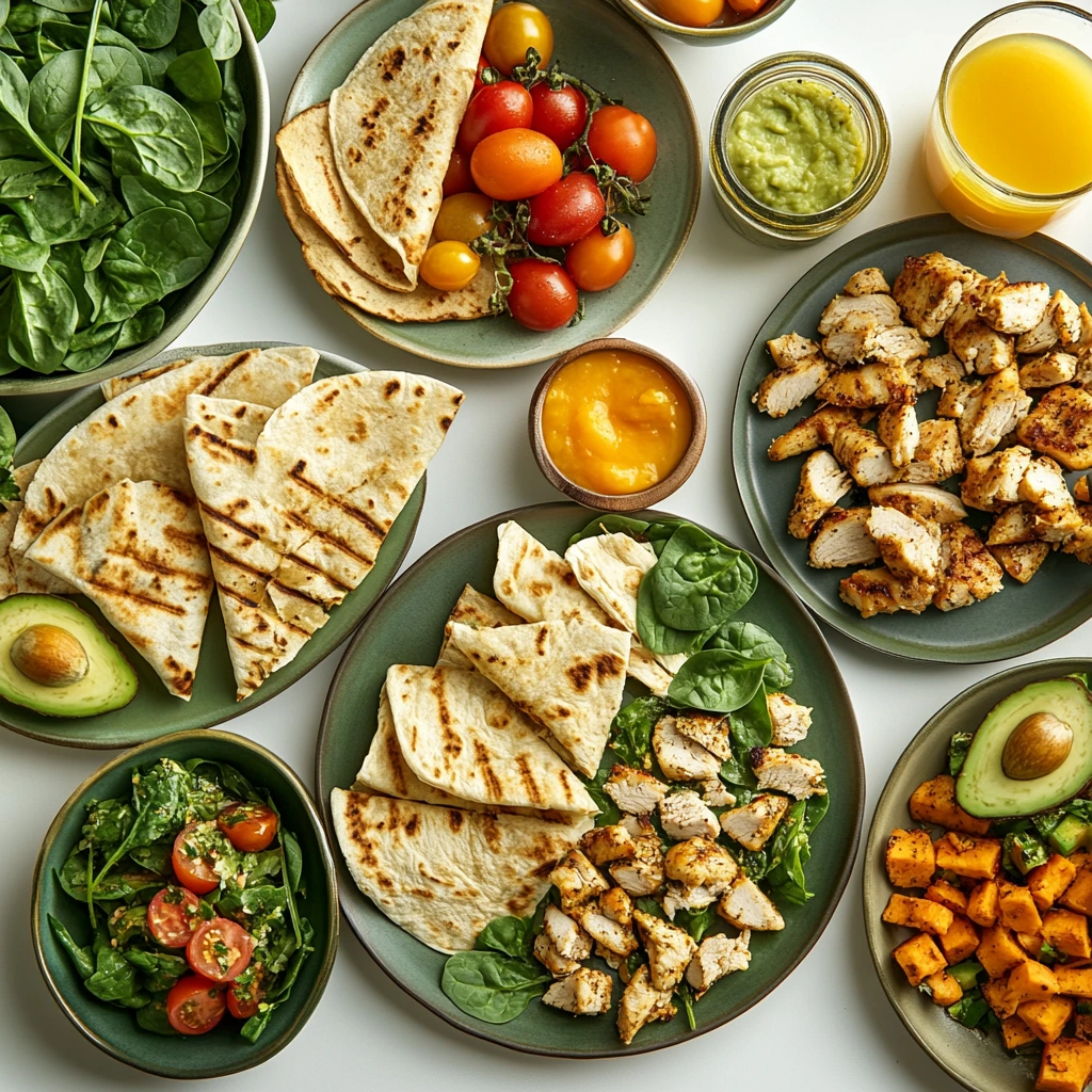 "Egg-free chicken breakfast dishes including quesadillas, avocado toast, and burritos on a rustic table with fresh ingredients."