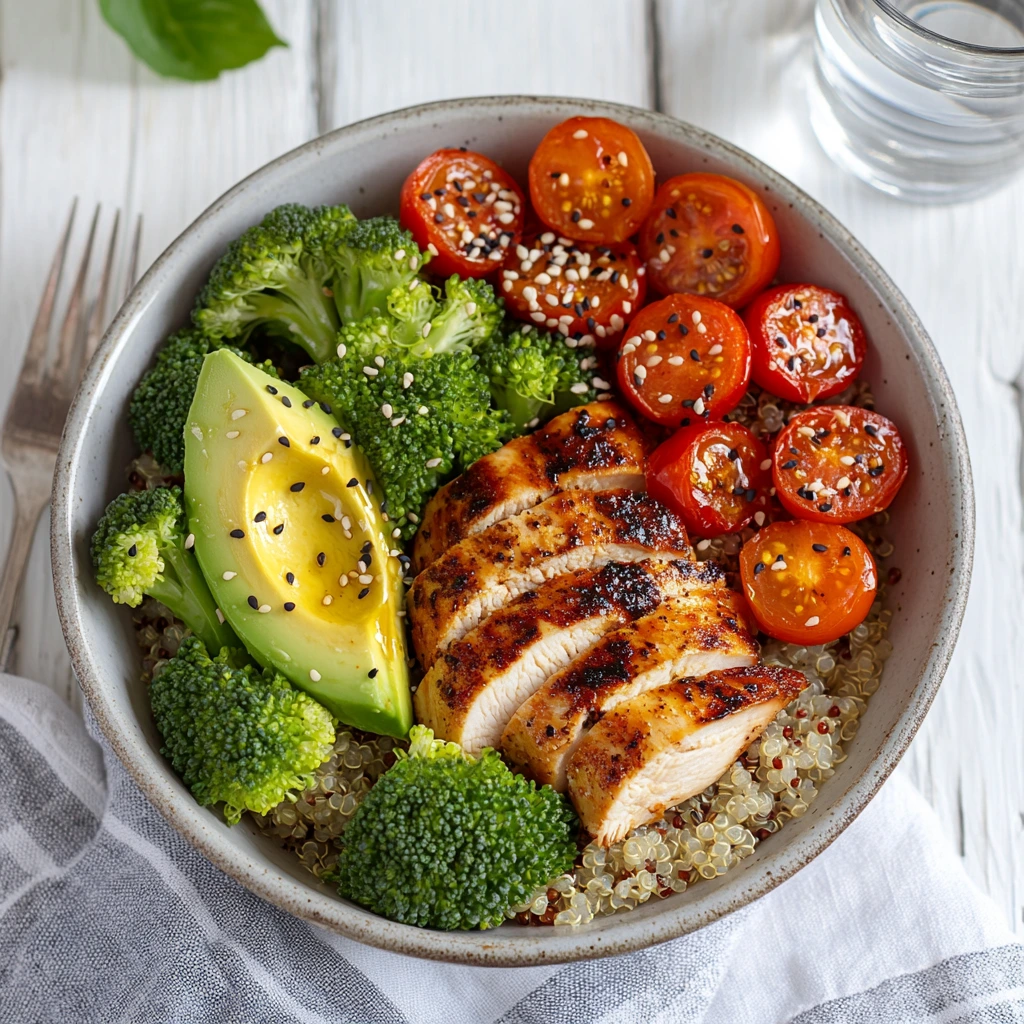 A beautifully arranged chicken breakfast recipes without eggs. The bowl features tender grilled chicken slices, moist cooked quinoa, roasted cherry tomatoes, steamed broccoli and creamy avocado slices. Garnished with a pinch of sesame seeds and a drizzle of olive oil The dish is presented in a sleek, modern ceramic bowl on a white wooden table, with natural morning light highlighting. Highlighting the vibrant colors and textures, a glass of water and a fork are placed nearby, creating a healthy and welcoming breakfast atmosphere.