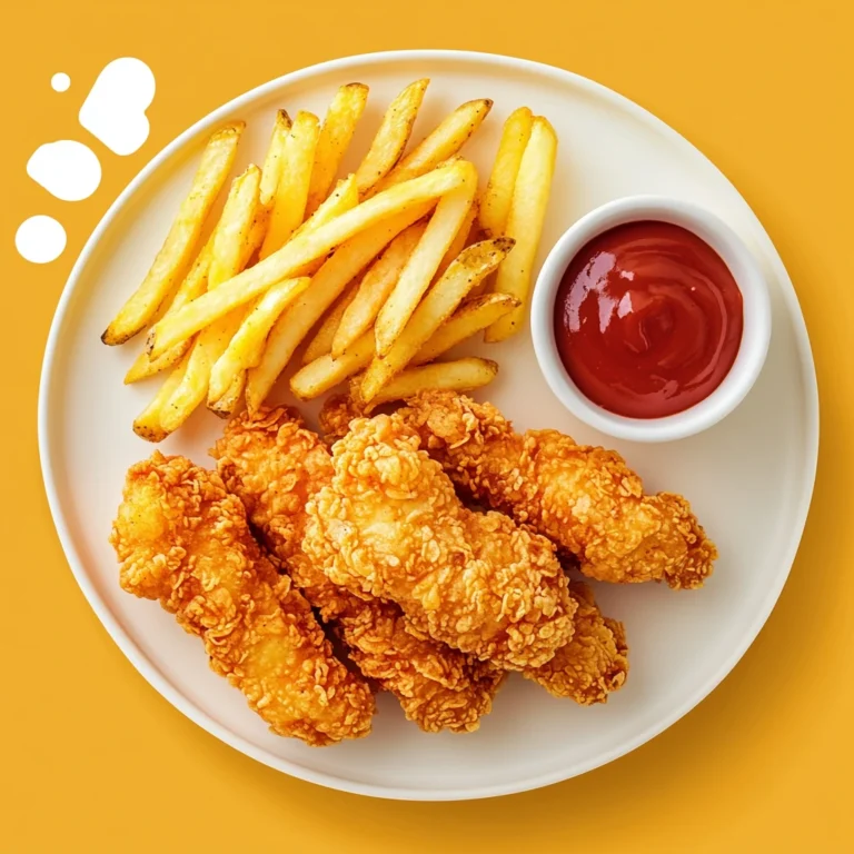 Chicken Tenders and Fries Calories- A plate of crispy chicken tenders and golden French fries with a calorie counter graphic in the corner, showcasing the meal's calorie awareness.