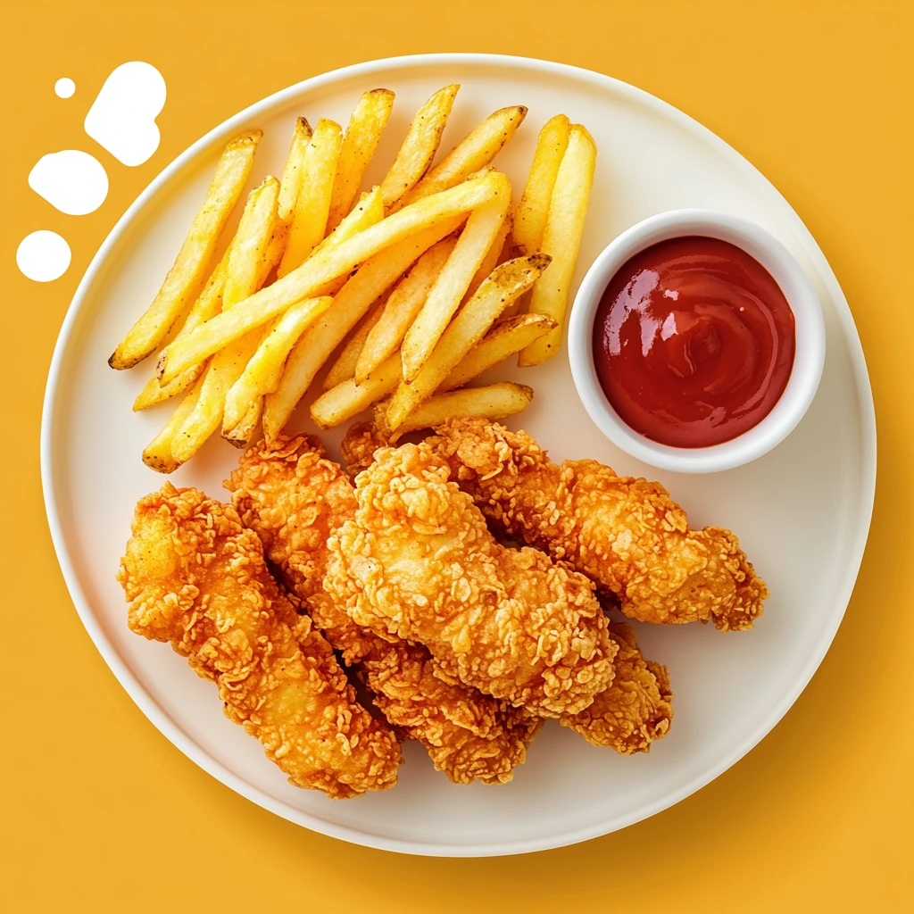 Chicken Tenders and Fries Calories- A plate of crispy chicken tenders and golden French fries with a calorie counter graphic in the corner, showcasing the meal's calorie awareness.