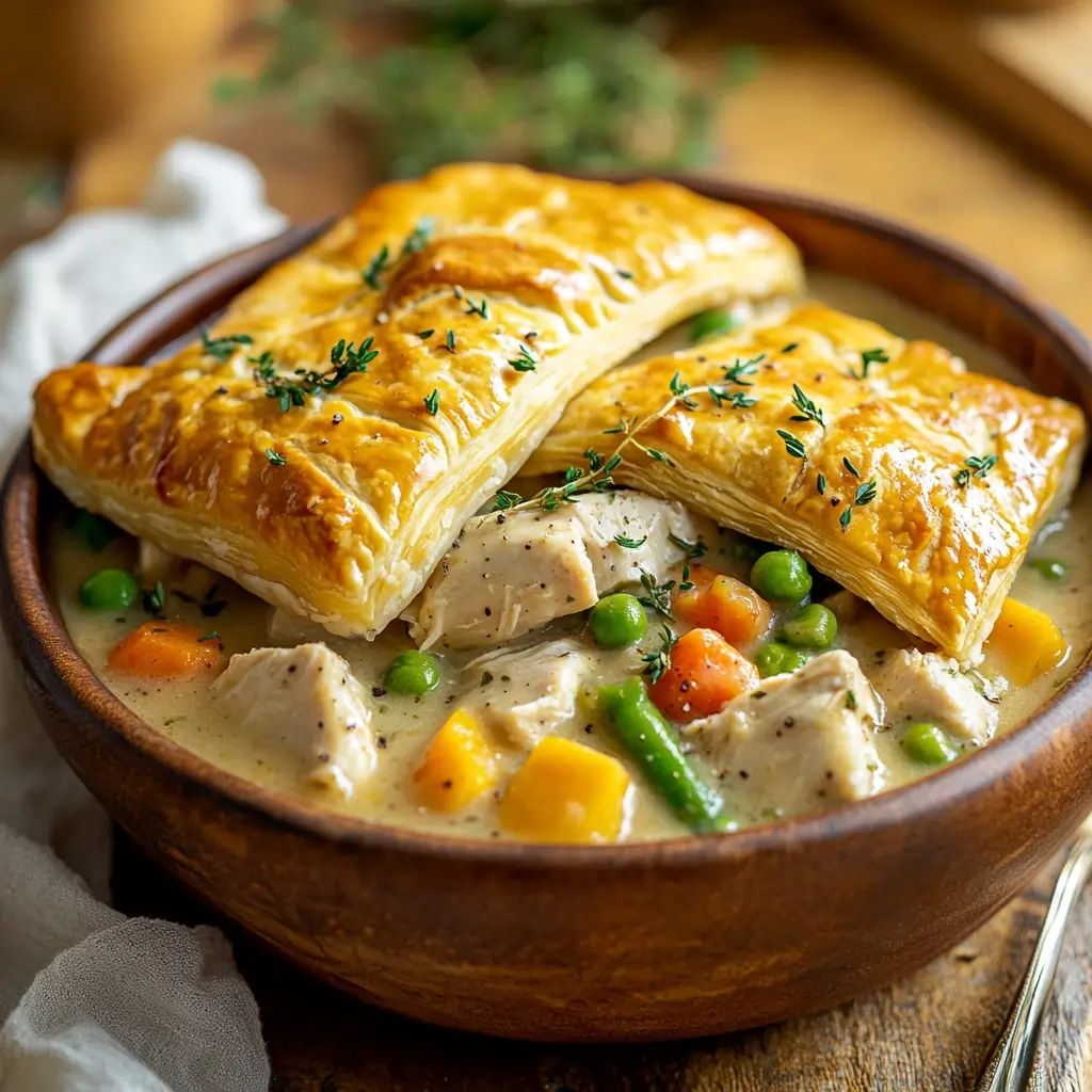 Golden, flaky crescent roll-topped Crock Pot Chicken Pot Pie served in a rustic bowl with fresh vegetables and a crock pot in the background.
