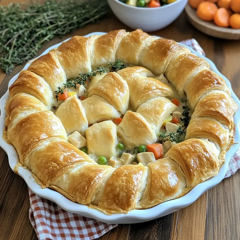 Golden chicken pot pie with crescent rolls, filled with creamy chicken and vegetables.