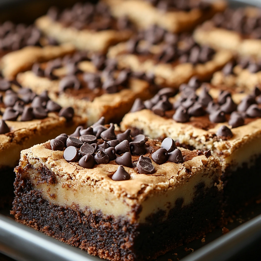 A close-up of a tray of freshly baked cookie brownies, showing the perfect combination of gooey brownie layers and crispy cookie topping, with chocolate chips melting on top.