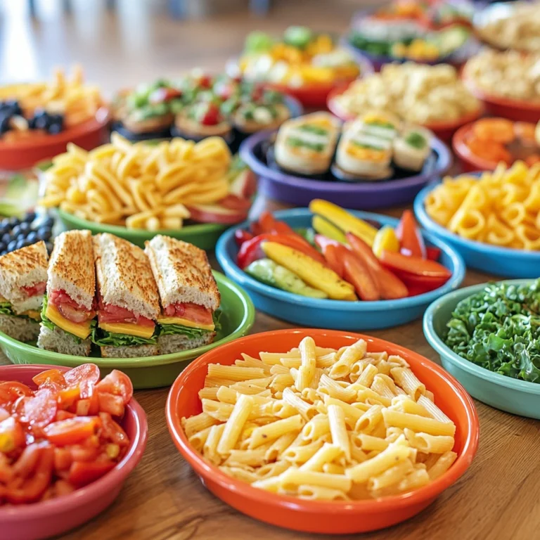 A table filled with colorful plates displaying gluten-free sandwiches, fruit salads, and gluten-free pasta bowls in a warm cafeteria setting.