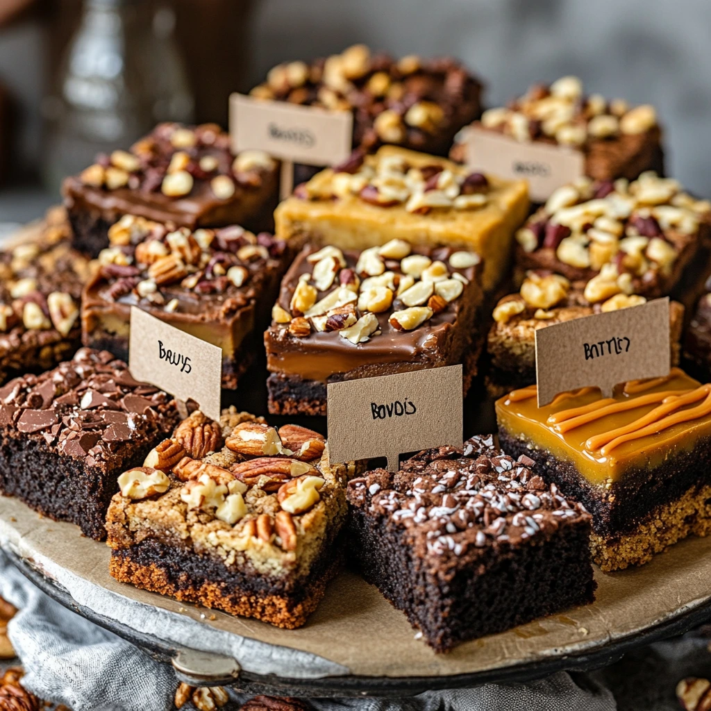A colorful display of different brookie variations: classic brookies, vegan brookies topped with nuts, gluten-free brookies with almond flour, and caramel-drizzled brookies. Arrange them on a serving platter with labeled tags for each variation.