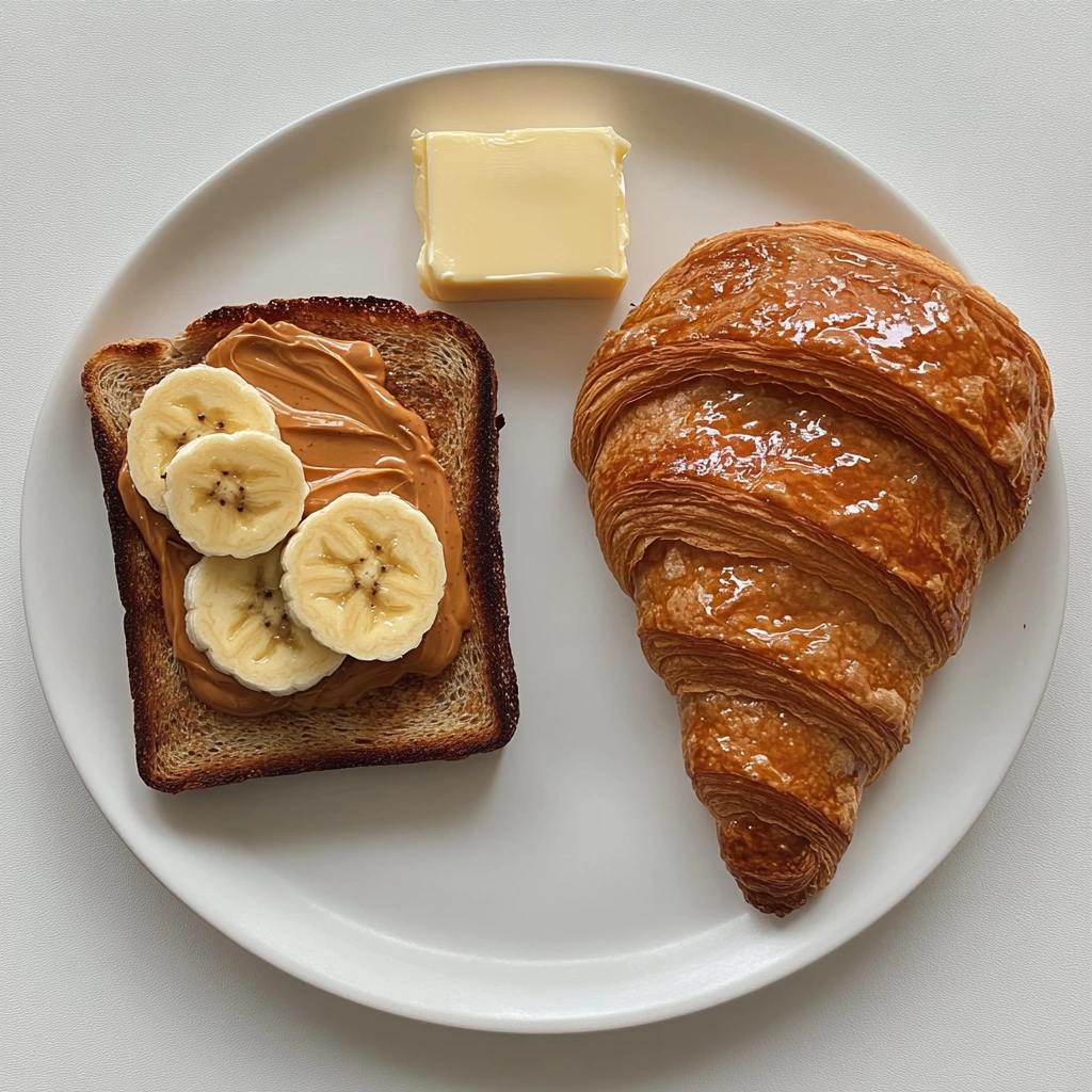 What's healthier toast or croissant? on one side, a plate with a slice of whole-grain toast topped with peanut butter and banana slices, and on the other side, a golden croissant with a pat of butter and a dollop of jam. The background is a whit table