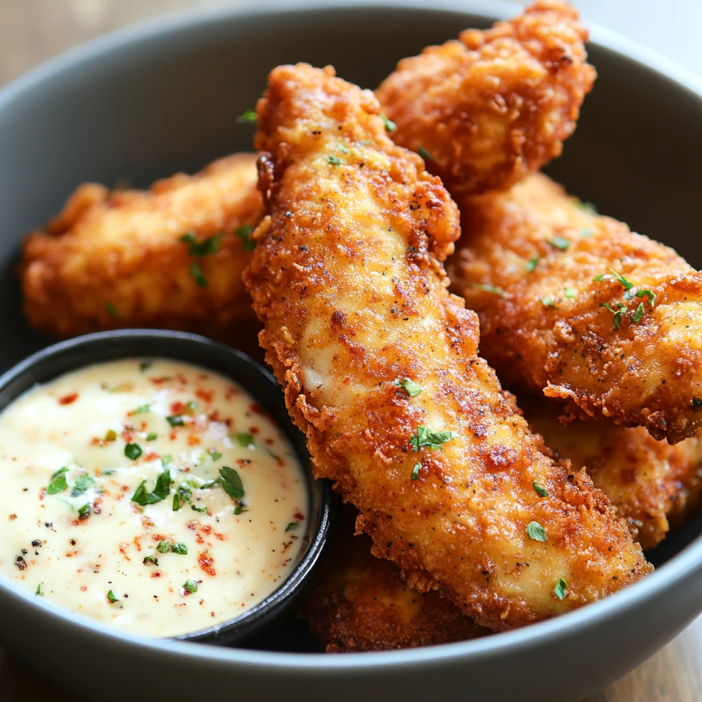 A bowl of perfectly crispy and golden fried chicken tenders garnished with fresh herbs, served with a creamy dipping sauce sprinkled with chili flakes and herbs.