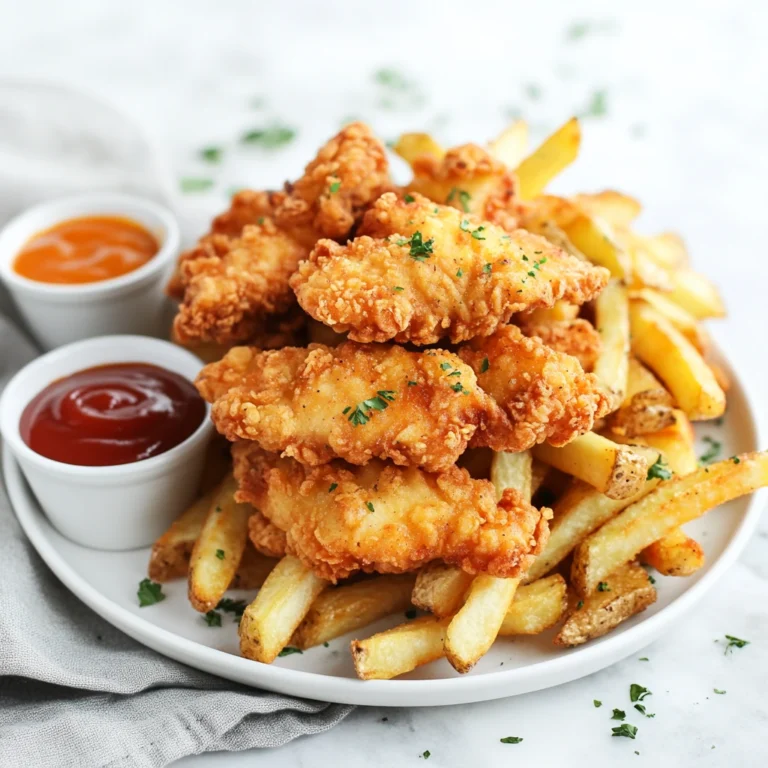 A plate of crispy chicken tenders and fries, served with dipping sauces on a clean, light background