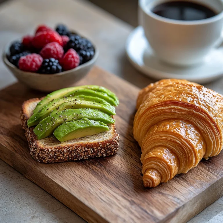 A slice of whole-grain toast with avocado and a golden croissant side by side on a wooden board, accompanied by mixed berries and coffee. What's healthier toast or croissant?
