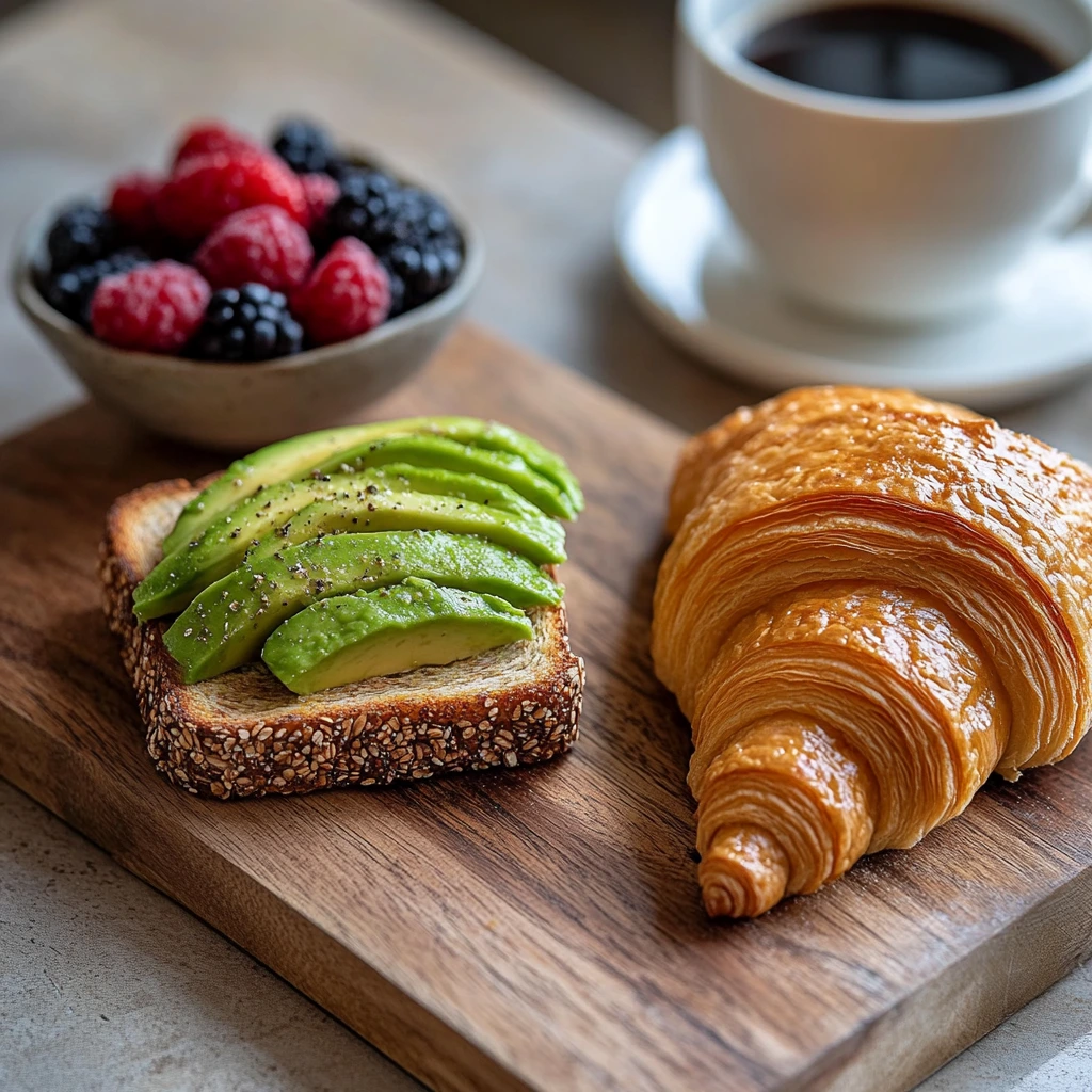 A slice of whole-grain toast with avocado and a golden croissant side by side on a wooden board, accompanied by mixed berries and coffee. What's healthier toast or croissant?