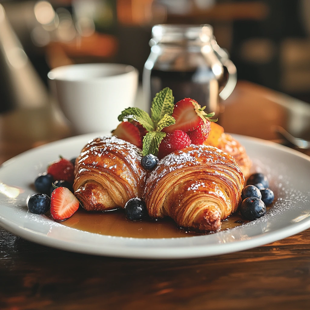 "Golden croissant French toast drizzled with maple syrup, dusted with powdered sugar, and garnished with fresh strawberries and blueberries."