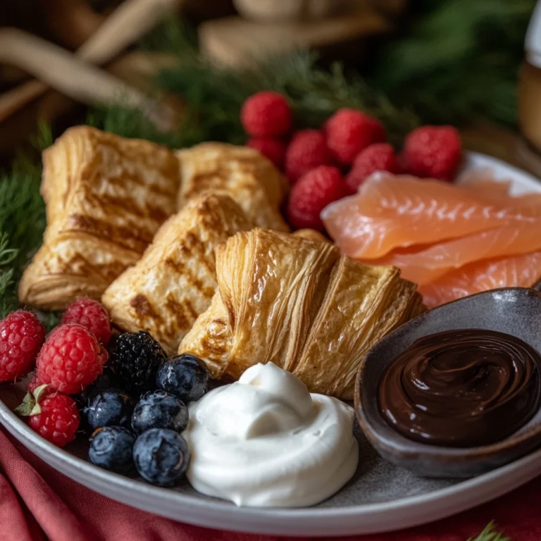 Golden, flaky croissant toast bread on a rustic wooden board surrounded by toppings like berries, Nutella, cream, and smoked salmon, illuminated by soft natural light.