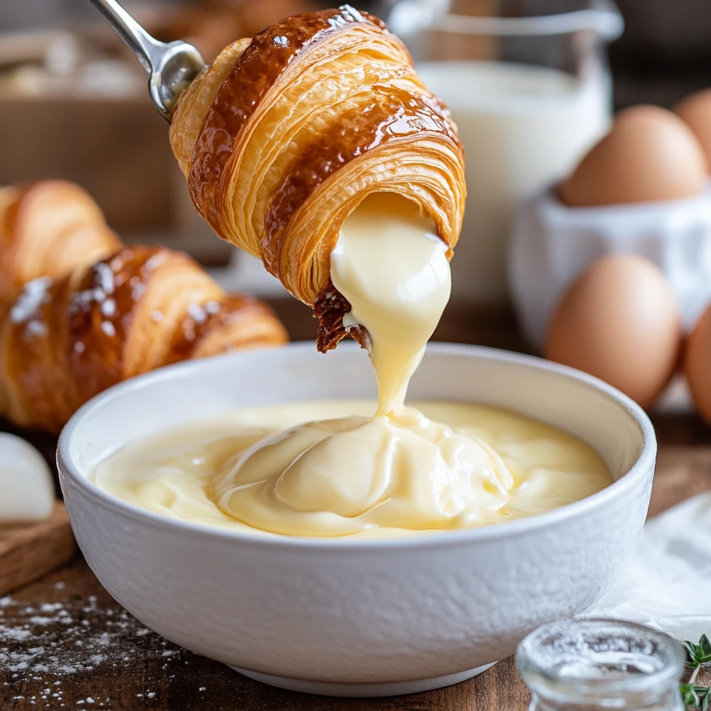 Close-up of croissants being dipped into a creamy custard mixture, with ingredients like eggs, milk, and vanilla extract visible in the background.