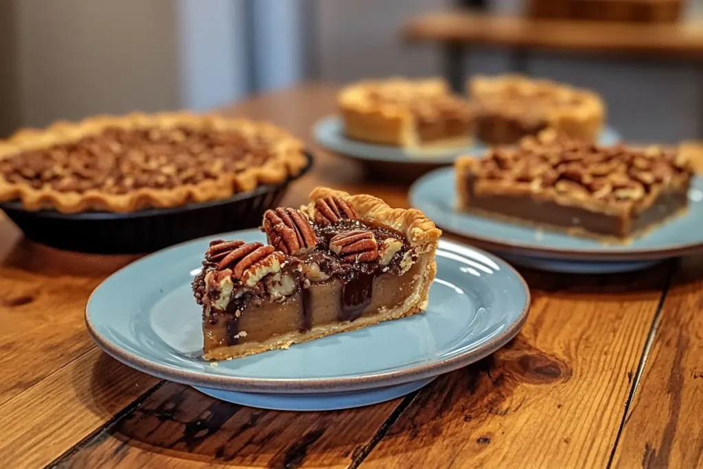 feature at least five different types of pecan pies, each with a unique style: one with chocolate drizzle, another with a bourbon-infused filling, a mini-pie version with a creamy filling, and a slice of vegan pecan pie