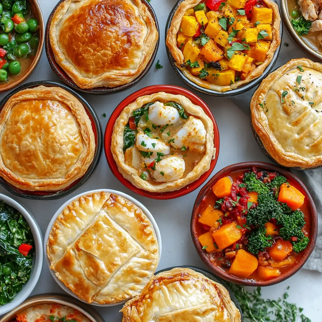 A vibrant display showcasing different variations of chicken pot pie with crescent rolls