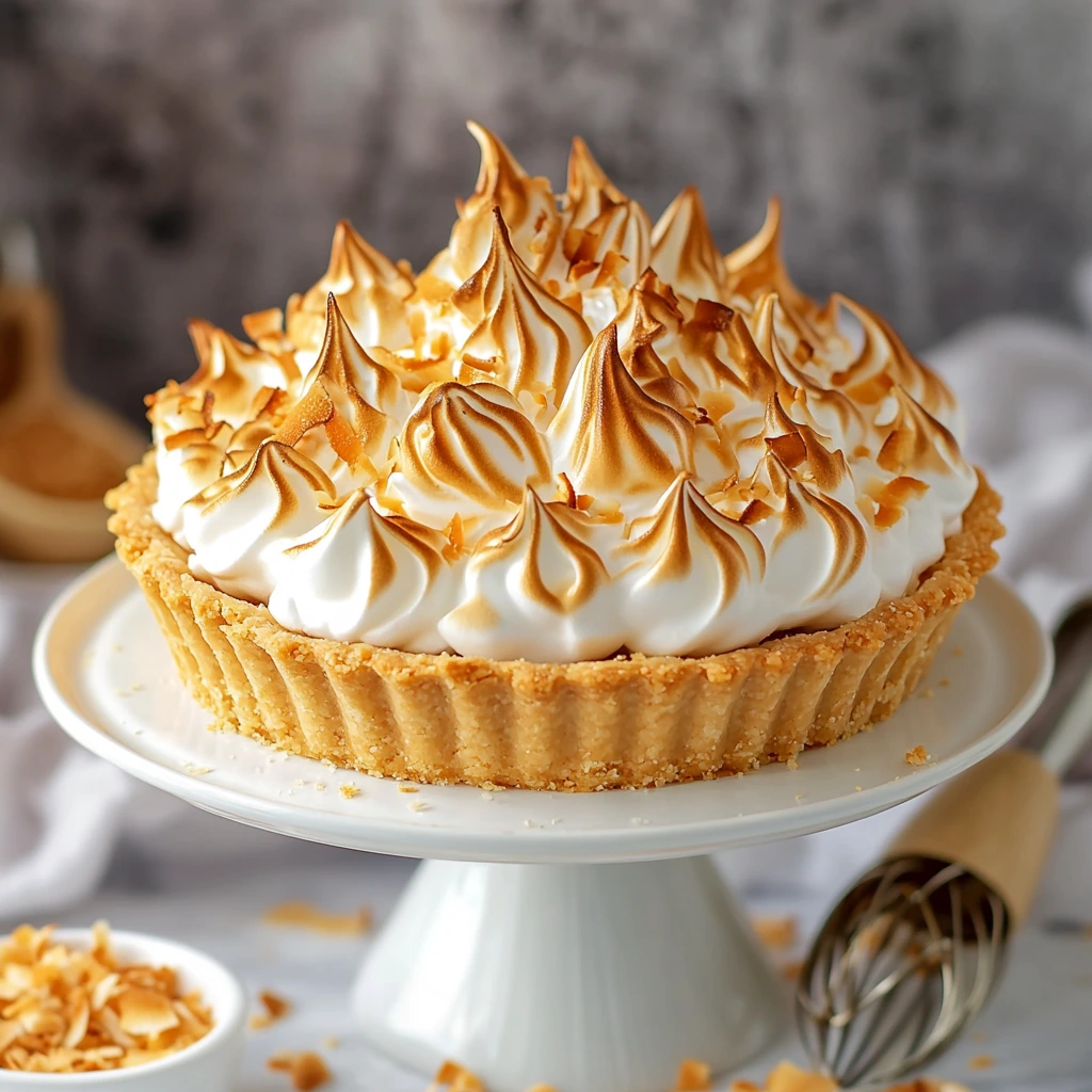 "A Coconut Cream Pie with Meringue on a white cake stand, featuring a golden flaky crust, creamy filling, and perfectly browned meringue peaks."