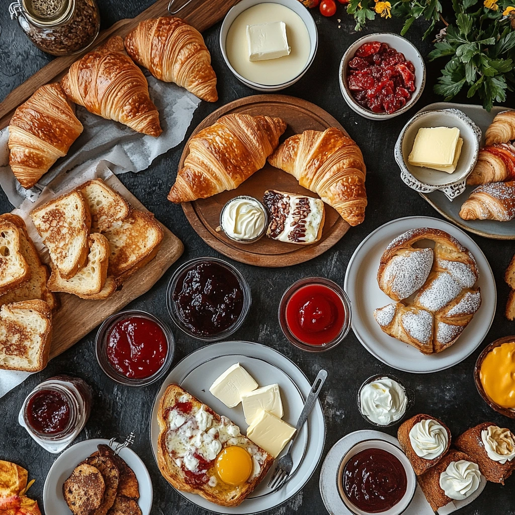 A family enjoying a breakfast spread with croissant toast and various spreads like jam, butter, and Nutella on a colorful table setting.