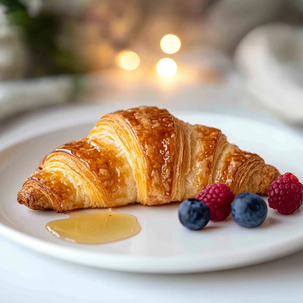 Perfectly toasted croissant slice on a white plate with honey drizzle and fresh berries garnish.