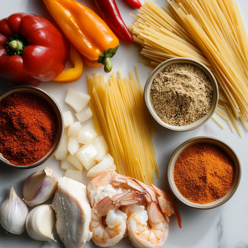 A flat lay of Cajun Pasta Recipe ingredients including bowls of paprika, cayenne, garlic powder, and onion powder, fresh shrimp, chicken slices, colorful bell peppers, onions, and uncooked pasta on a clean kitchen countertop.