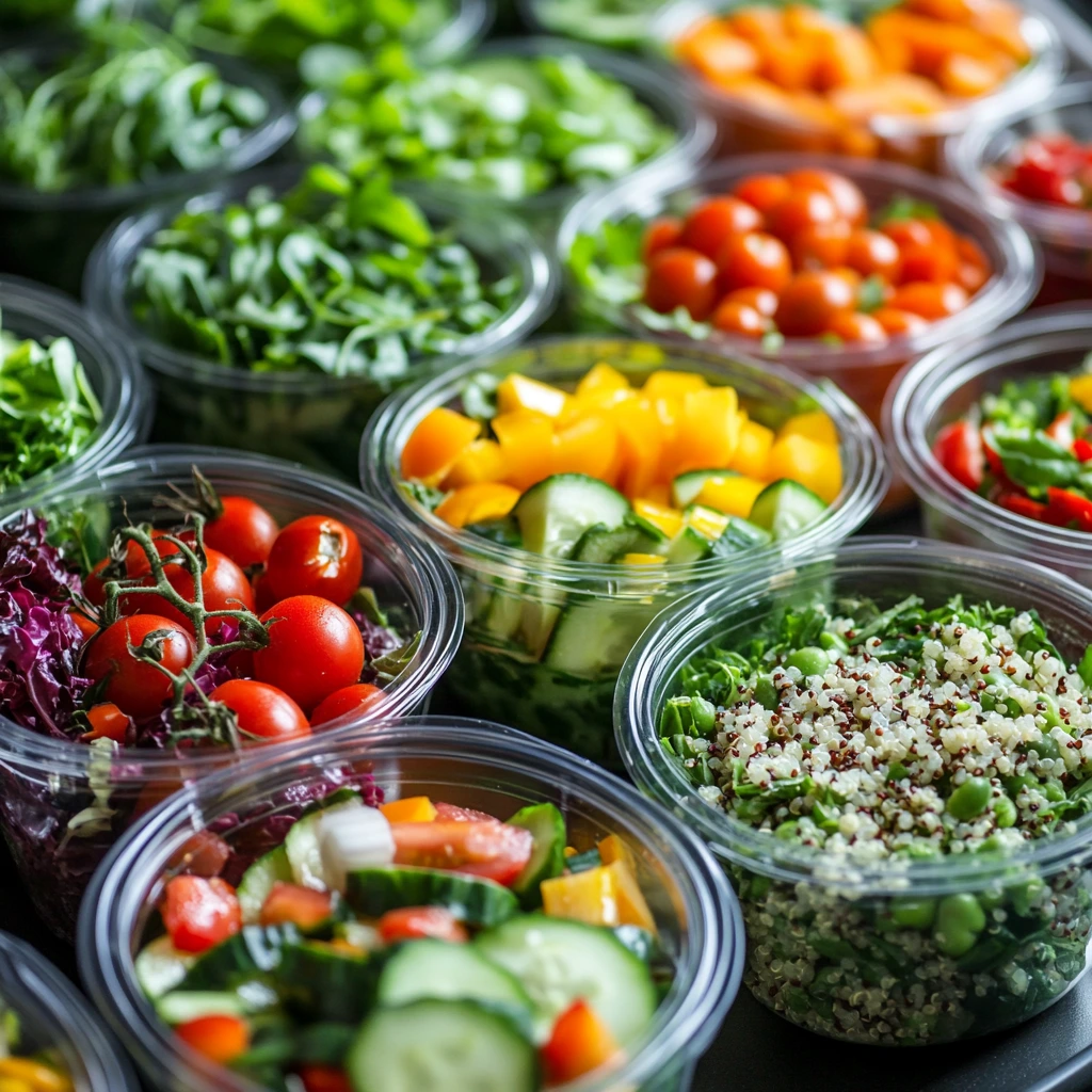 A close-up of a variety of colorful, freshly prepared salads in portable containers. Highlight ingredients like leafy greens, cherry tomatoes, cucumbers, quinoa, and avocados, with a light dressing on the side. The setting should be work-friendly, with the salads placed on a desk or in a breakroom. Easy Gluten-Free Lunch Ideas for Work