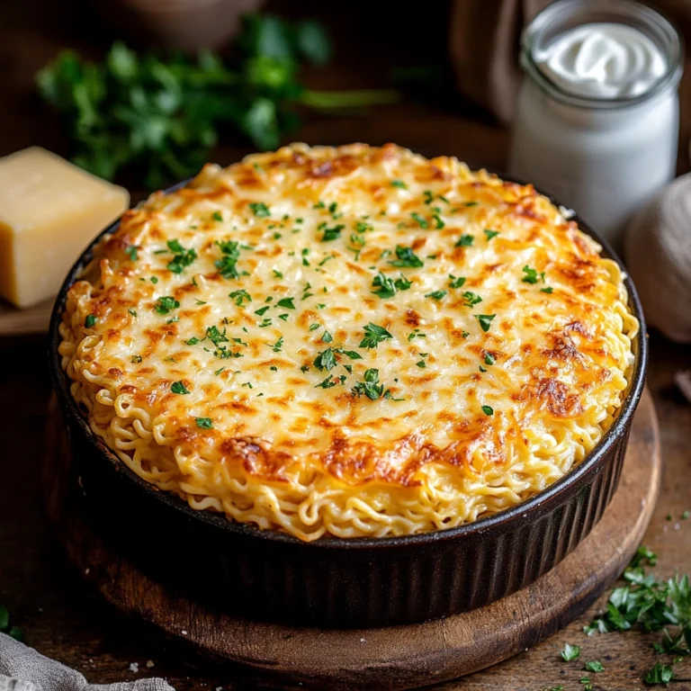 "Fully baked ramen lasagna with golden, bubbling cheese top, garnished with fresh parsley, served with garlic bread and salad in a rustic kitchen setting."
