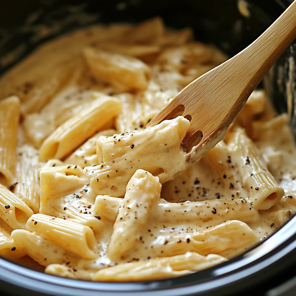 Pasta being gently mixed into a creamy sauce in the crockpot, highlighting the creamy coating on each piece.