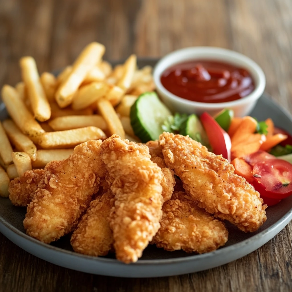 Air-fried chicken tenders and baked sweet potato fries served with a colorful salad.