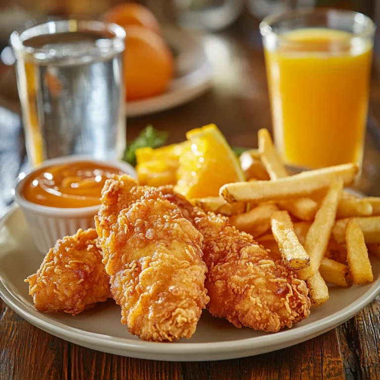 A plate of crispy chicken tenders and golden French fries served with dipping sauces on a rustic wooden table. Who invented chicken tenders and fries?