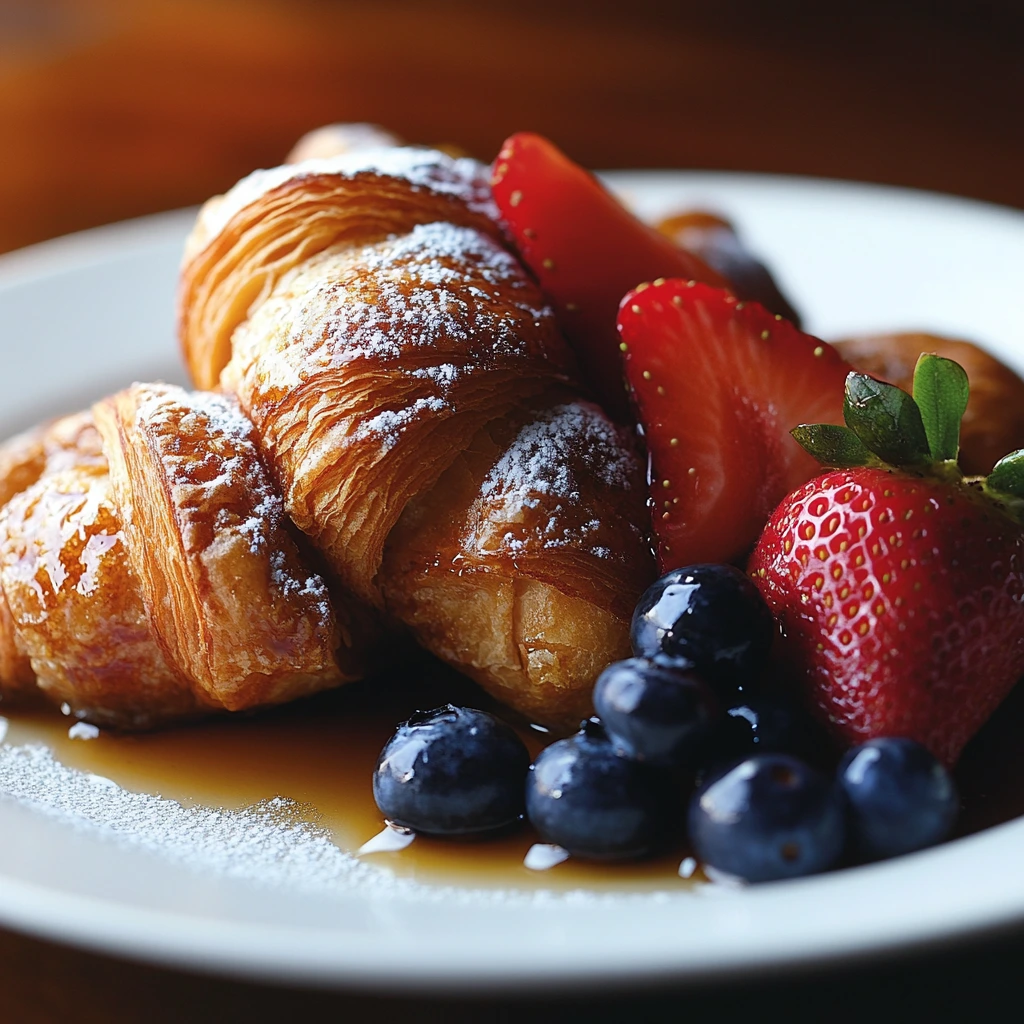 A close-up shot of golden-brown croissant French toast slices stacked on a white plate, drizzled with maple syrup, dusted with powdered sugar, and garnished with fresh strawberries and blueberries. Soft natural lighting highlights the flaky texture of the croissants."