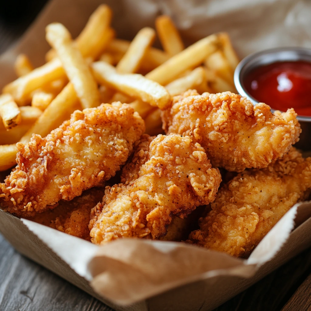 A plate of crispy golden fried chicken tenders served alongside a portion of French fries and a small dish of ketchup for dipping.