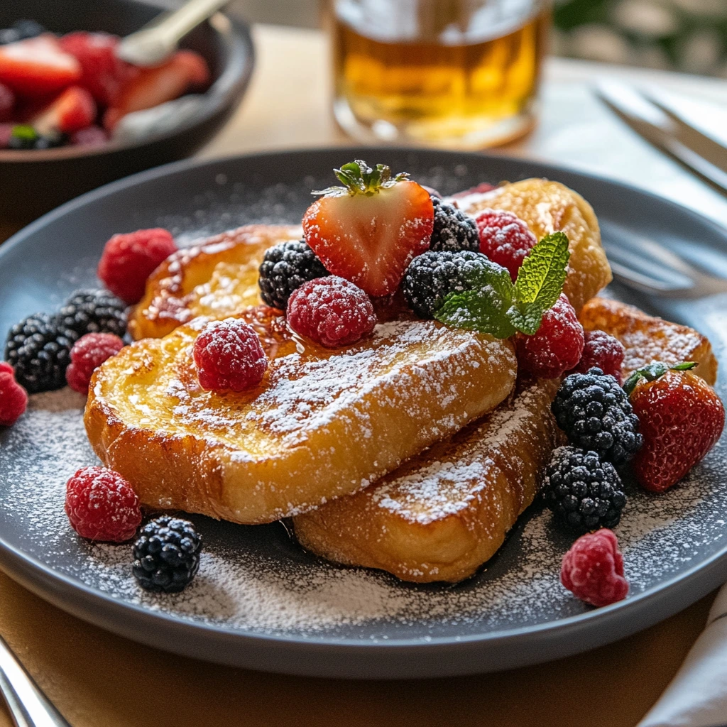 A plate of golden-brown croissant french toast recipe topped with fresh berries, powdered sugar, and a drizzle of maple syrup, placed on a rustic wooden table with a fork and knife on the side.