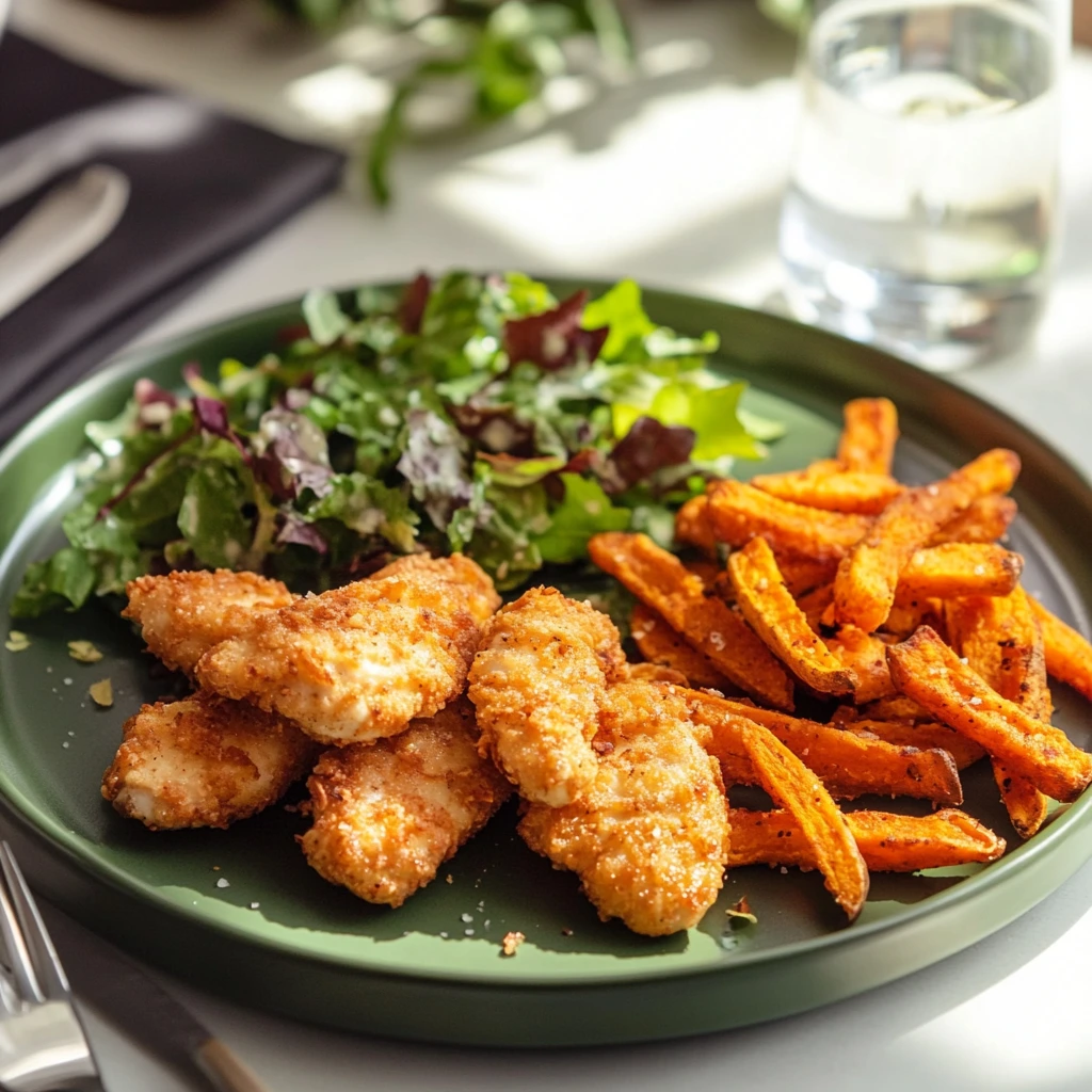Is chicken tenders and fries healthy? Air-fried chicken tenders and baked sweet potato fries with a green salad on a white plate.