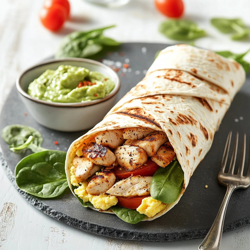 Healthy Chicken Breakfast Recipes on a lacquered kitchen table. The wrap is filled with grilled chicken, scrambled eggs, fresh spinach and sliced tomatoes. A small bowl of avocado dip sits next to the wrap, with a fork and napkin nearby. The background is bright and airy, giving a fresh morning vibe.