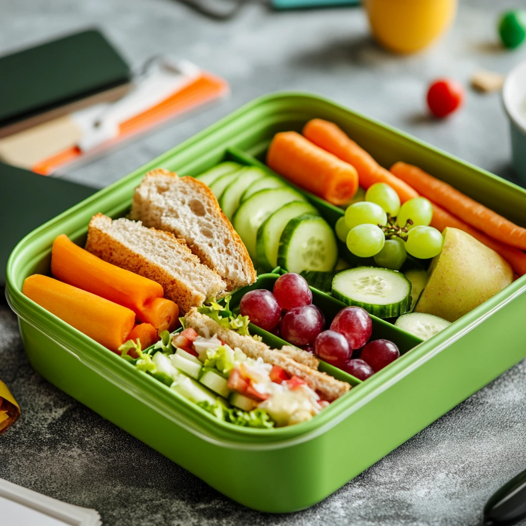 An organized Healthy cold lunch ideas for kids, including apple slices, grapes, carrot sticks, cucumber slices, a whole-grain sandwich, and a yogurt cup, placed on a clean surface with subtle school supplies in the background.