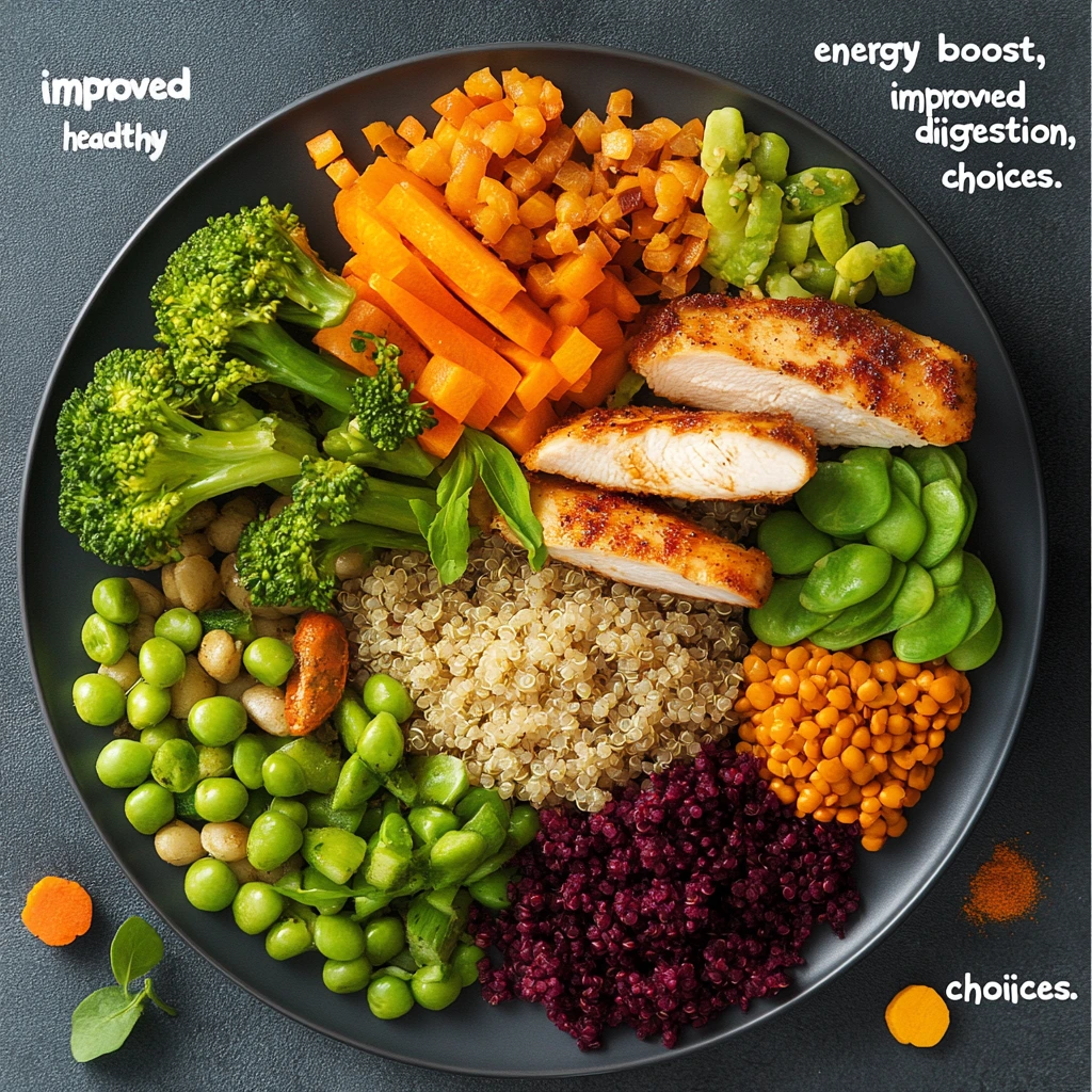 An image showcasing a cheerful person enjoying a gluten-free meal at work, with a variety of healthy food options like fresh vegetables, quinoa, and grilled chicken on a plate. Include text annotations highlighting benefits like energy boost, improved digestion, and healthy choices.