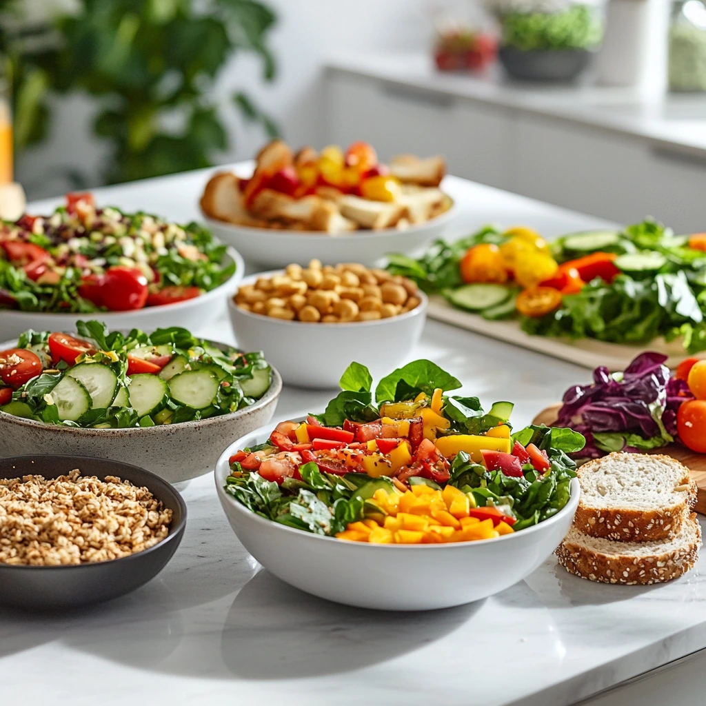 Simple gluten-free lunch ideas featuring sandwiches, salads, and fresh fruit on a kitchen counter.