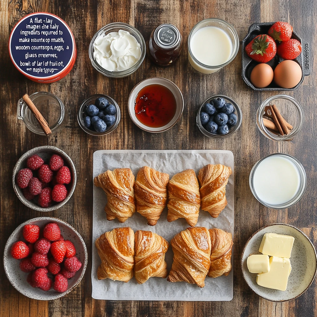 A flat-lay image of all the ingredients required to make stuffed croissant French toast arranged neatly on a wooden countertop. Display fresh croissants, eggs, a glass of milk, a bowl of cream cheese, a jar of fruit preserves, a bottle of maple syrup, cinnamon sticks, vanilla extract, and fresh berries like strawberries and blueberries. Include measuring cups, a whisk, and a small plate with butter to complete the preparation scene. The lighting is soft and warm, creating a cozy and inviting feel.