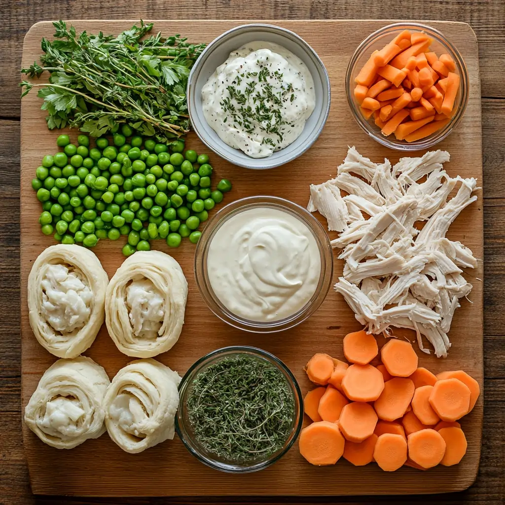 A neatly arranged flat lay of fresh ingredients for chicken pot pie with crescent rolls