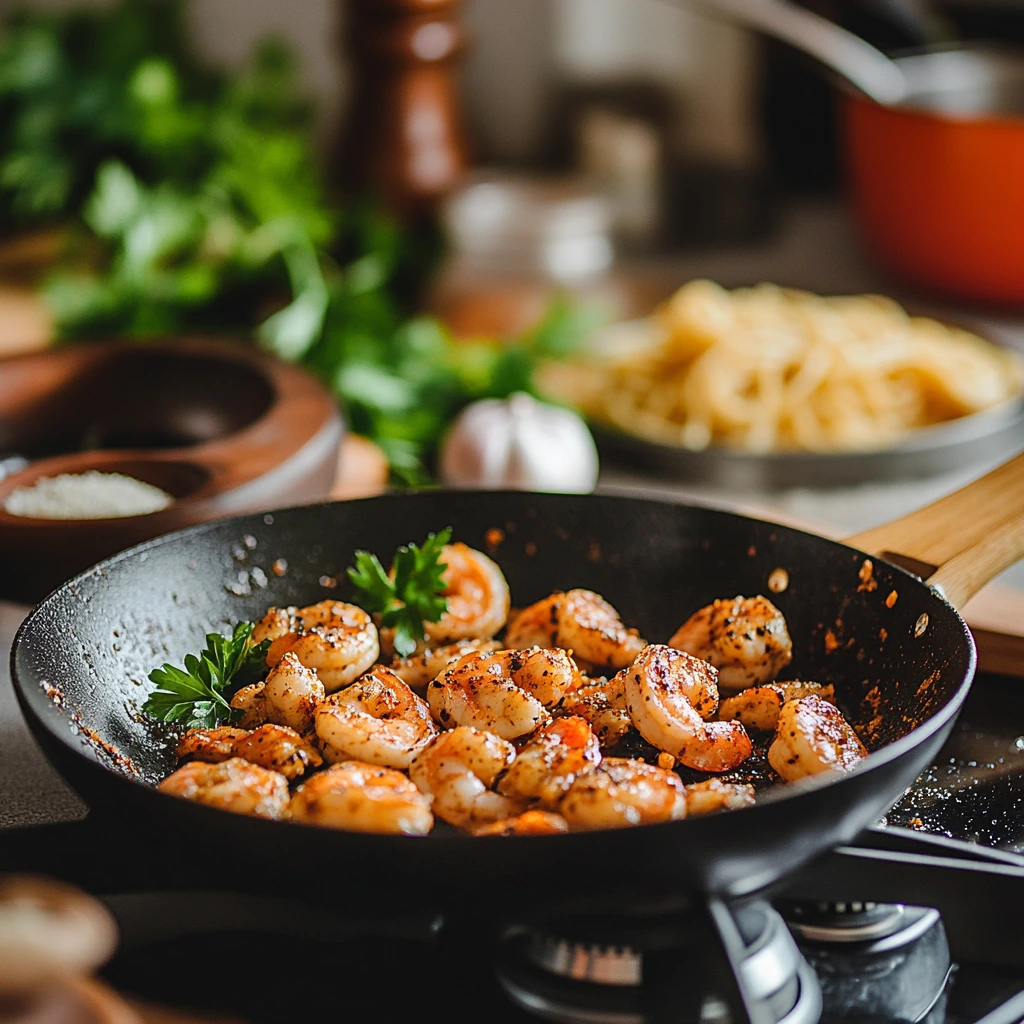 "A skillet on a stovetop with chicken and shrimp sizzling, surrounded by a small bowl of Cajun seasoning, a wooden spoon, and a pot of pasta boiling in the background. Fresh ingredients like garlic cloves, parsley, and a wedge of Parmesan are scattered on the countertop."