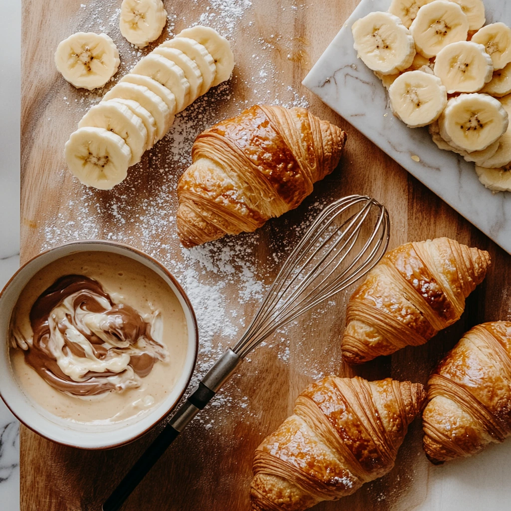 A top-down view of a kitchen counter during the preparation of stuffed croissant French toast. Sliced croissants are laid out, next to a bowl of custard mixture with whisk, and a plate of filling ingredients like Nutella, banana slices, and cream cheese. The scene is clean and inviting, with natural lighting streaming in