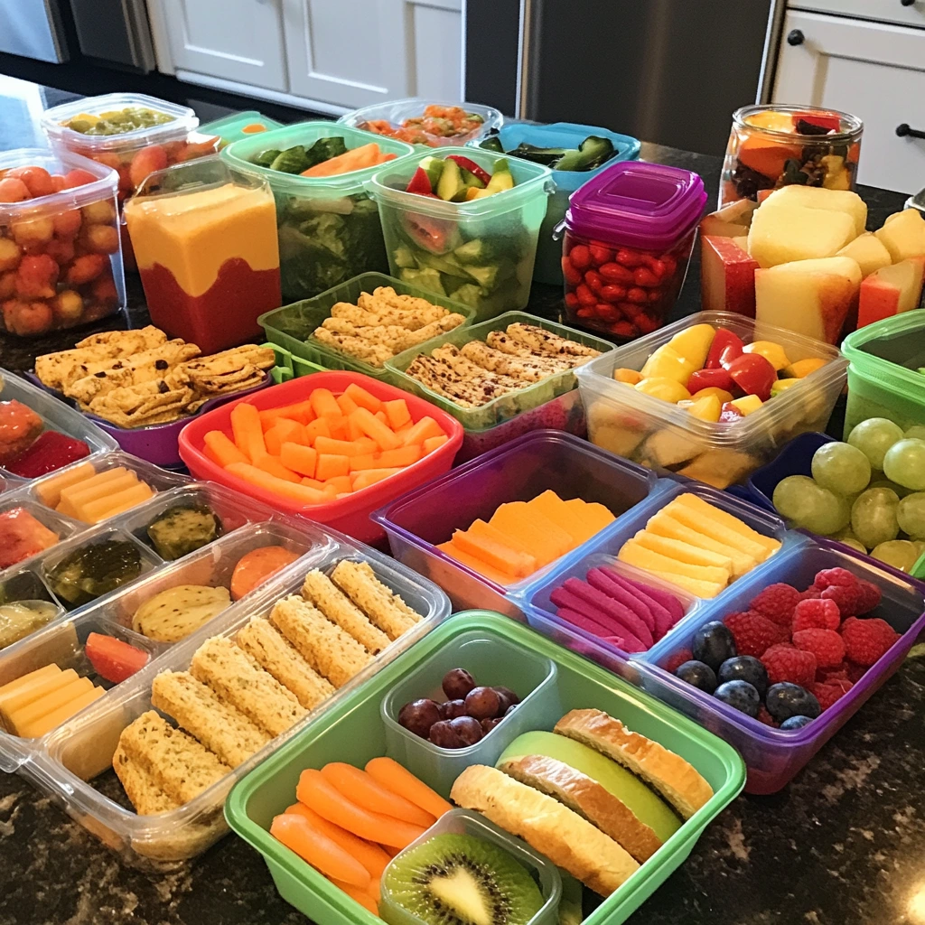 colorful gluten-free school lunch ideas for kids on a kitchen counter, including bento boxes with fresh fruits, vegetables, sandwiches, and snacks.