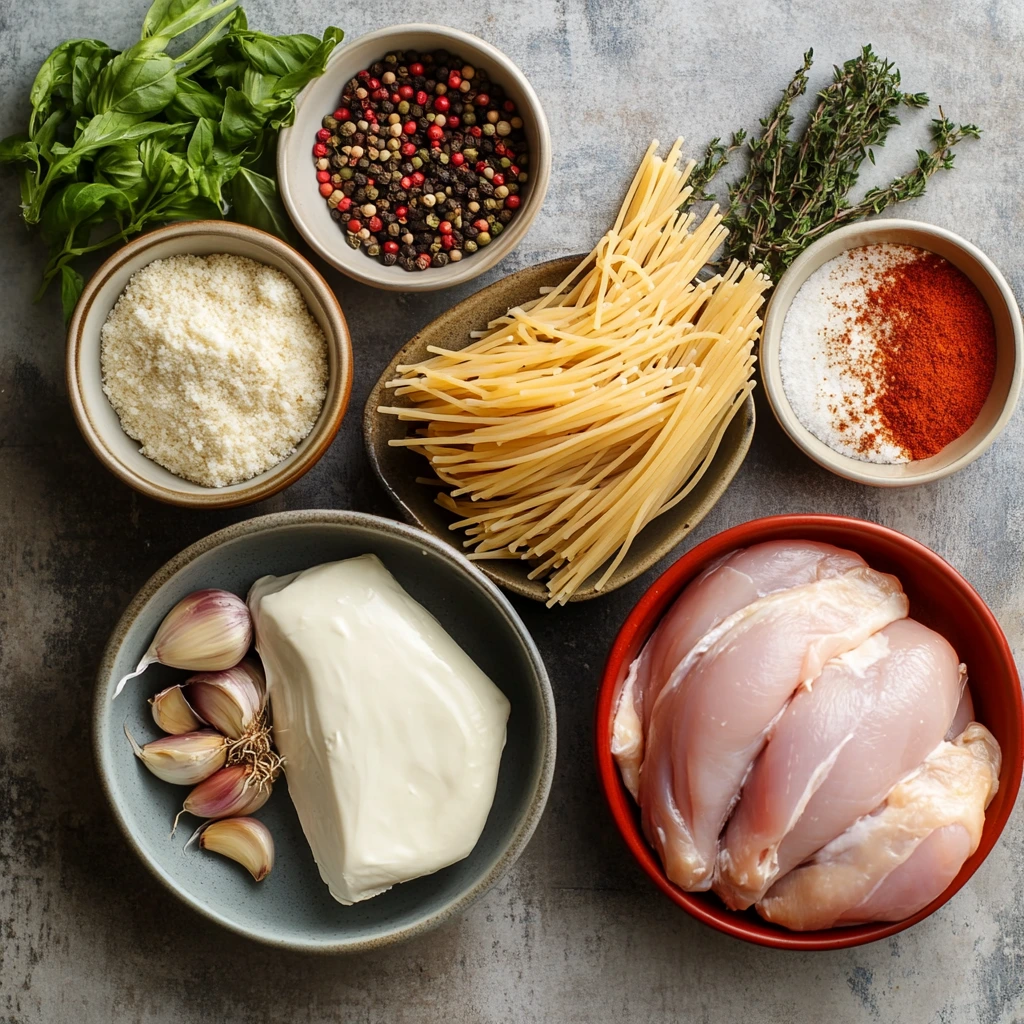 Flat-lay of Crockpot Creamy Chicken Pasta ingredients, including raw chicken, dry pasta, cream cheese, heavy cream, garlic, parmesan, and spices on a wooden countertop."