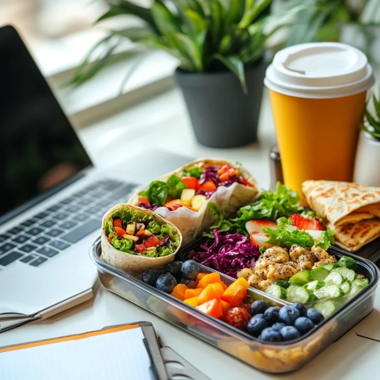 A colorful gluten-free lunchbox on an office desk with salads, wraps, and fruits, alongside a laptop and coffee cup.