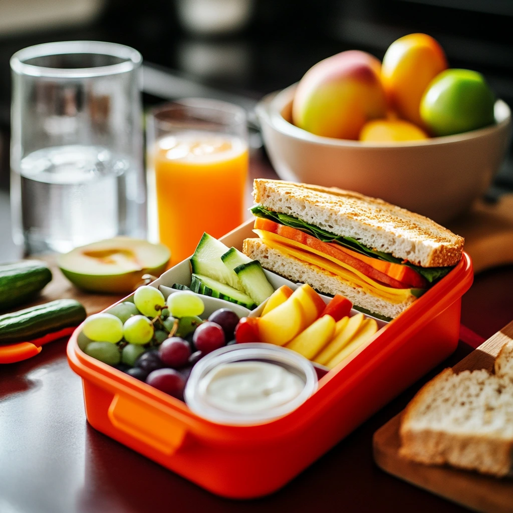 A colorful lunch box filled with a sandwich, veggie sticks, fresh fruit, and yogurt on a kitchen counter.