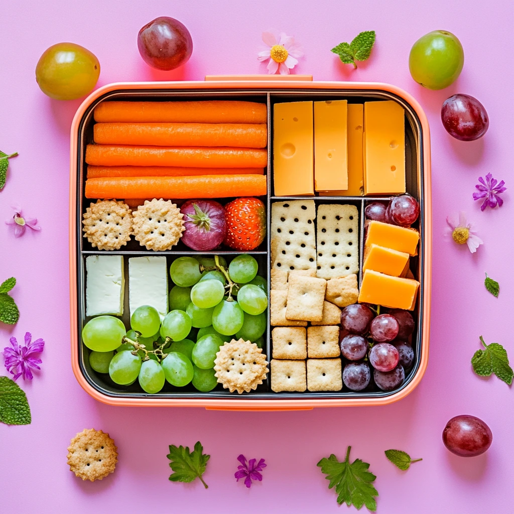 A vibrant scene of a lunchbox containing a mix of healthy and fun foods, like carrot sticks, grapes, cheese cubes, and a small cookie, with a child happily pointing at the lunchbox while smiling, symbolizing balanced nutrition and satisfaction