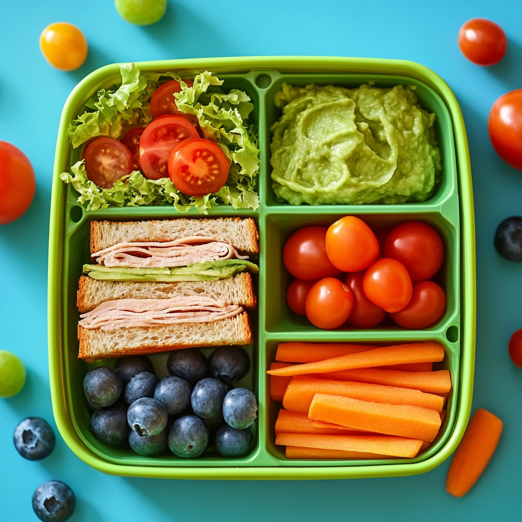 A colorful lunch box featuring a neatly arranged sandwich made with whole-grain bread, fresh lettuce, tomato slices, lean turkey, and a dollop of avocado spread. Accompanying the sandwich are carrot sticks, cherry tomatoes, and a handful of blueberries in separate compartments, presented on a bright, kid-friendly background.
