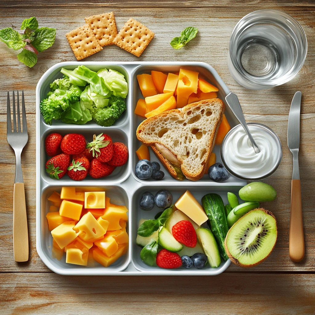 Cold school lunch ideas for picky eaters, like fruits, vegetables, and a sandwich