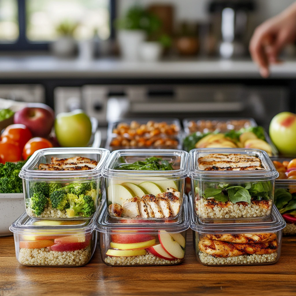 A meal prep station showing an assortment of pre-packed gluten-free lunches in reusable containers. Each container includes a variety of foods like grilled chicken slices, steamed broccoli, quinoa, apple slices, and a small container of yogurt. The containers are stacked neatly on a wooden table with a busy kitchen backdrop, showcasing a parent preparing food in the background.