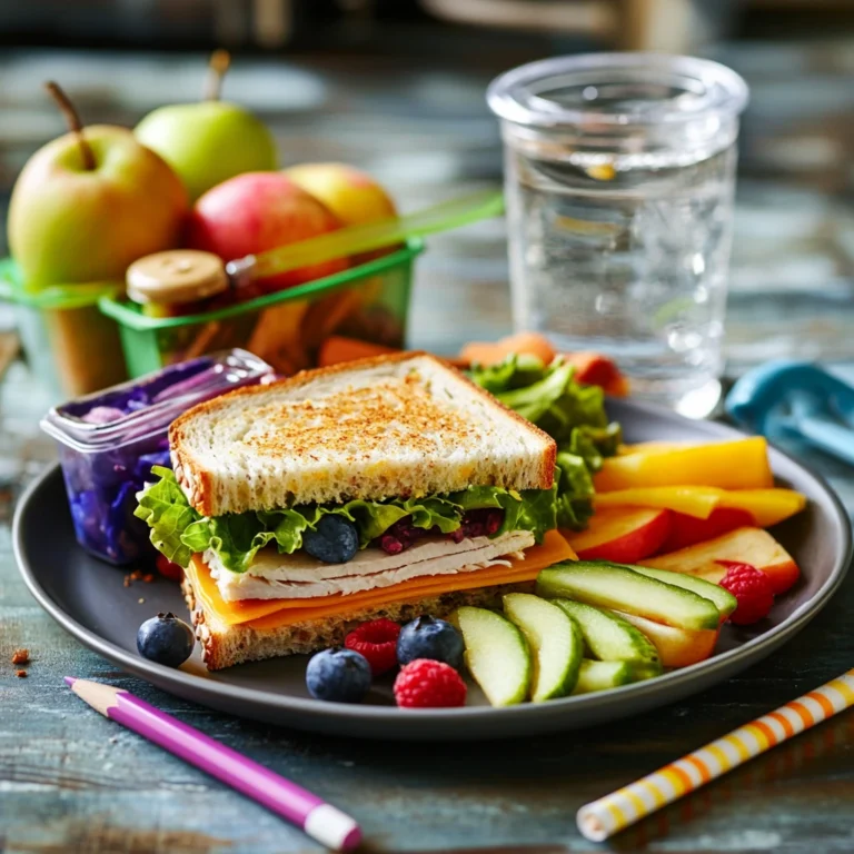 a gluten-free school lunch with a sandwich, fruit, veggie sticks, and school supplies."