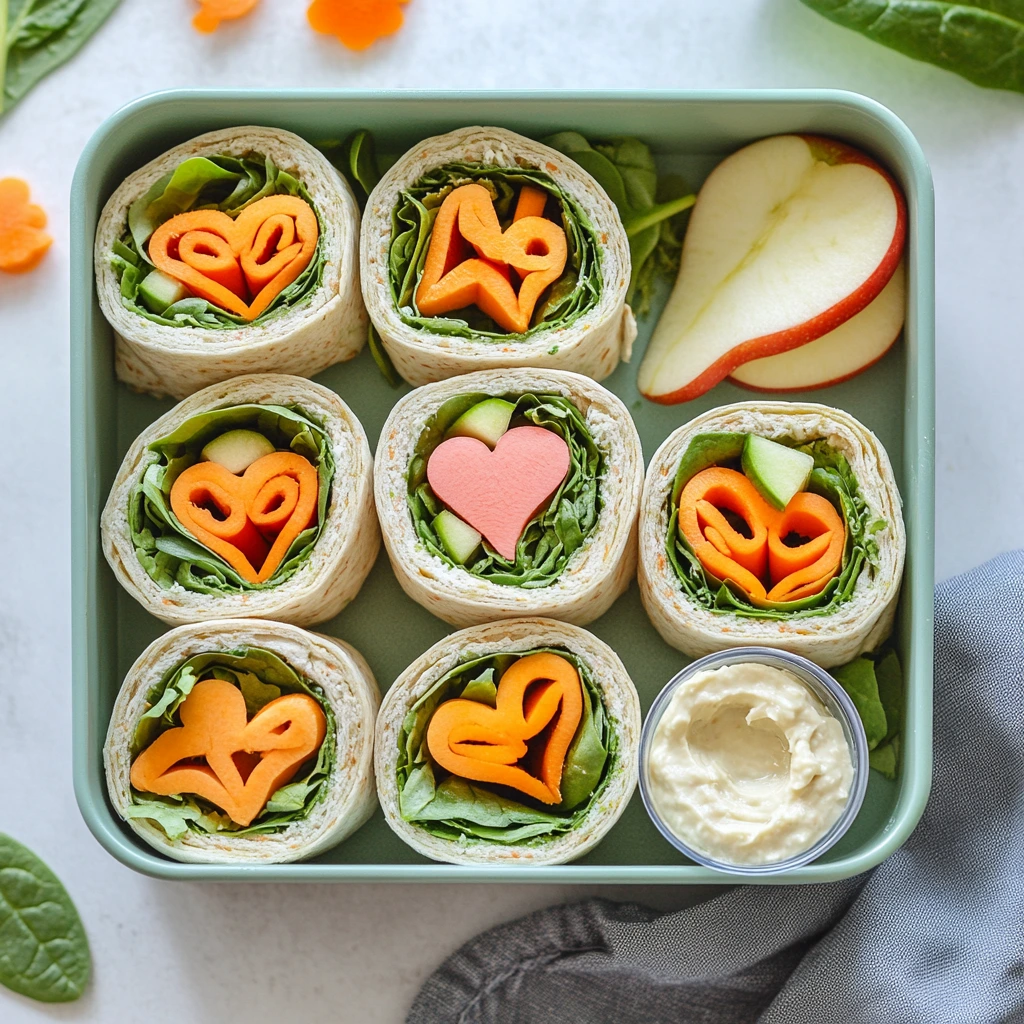 Kids Lunch Box Ideas displaying colorful veggie wraps cut into fun shapes like stars, hearts, and circles. The wraps are filled with vibrant ingredients such as spinach, shredded carrots, bell peppers, and cream cheese, arranged neatly alongside a small container of hummus and a few fresh apple slices. The background is playful and bright, perfect for capturing a kid-friendly vibe.